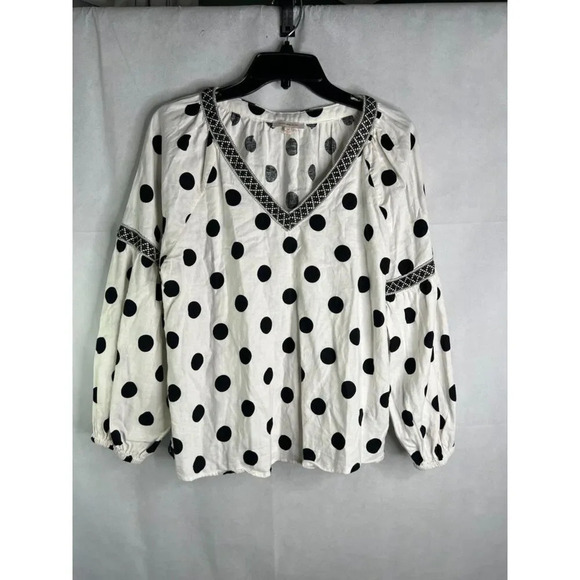 Skies are Blue Linen Blend Vneck White Black Polka Dot Blouse Size Medium - Picture 8 of 8